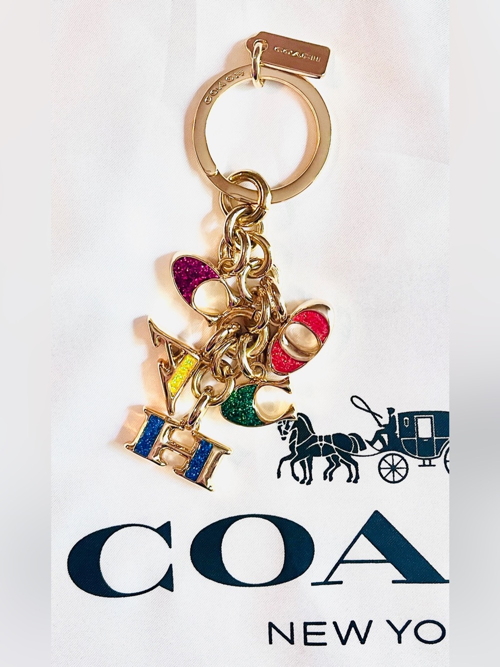 Coach Gold Multicolor Glitter Letter Mix Key Fob Charm F40679